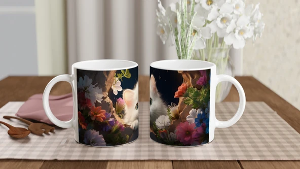 Gece Bahçesinde Parlayan Gözlü Beyaz Kedi Baskılı Kupa Bardak - Resim 5