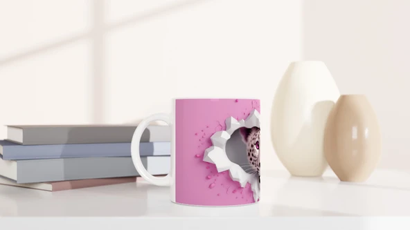 Pembe Gözlü Kar Leoparı Temalı Baskılı Kupa Bardak - Resim 6