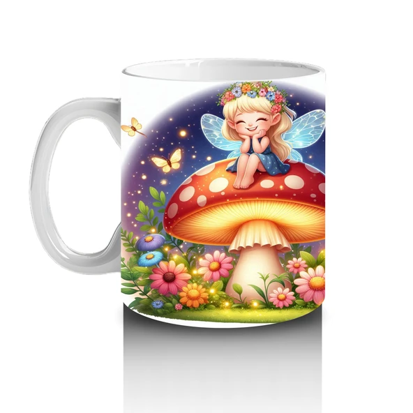 Çocuklara Sütü Sevdiren Mantar Üstünde Oturan Peri Kız Desenli Kupa Bardak - 2