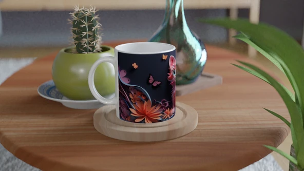 Renkli Çiçekler Arasında Neşeli Kedi ve Kelebekler Baskılı Kupa Bardak - Resim 4