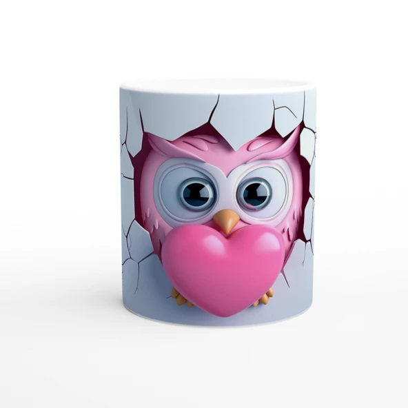 Pembe Kalp Tutan Baykuş Temalı Baskılı Kupa Bardak ürün görseli 1