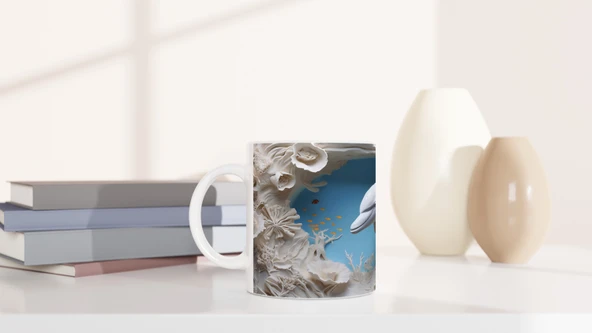 Mercan Ormanında Yüzen Yunus Temalı Su Altı Kupa Bardak - Resim 6