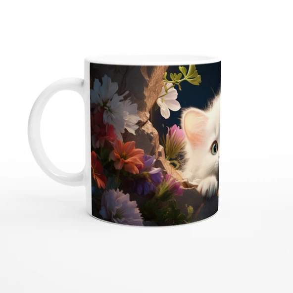 Gece Bahçesinde Parlayan Gözlü Beyaz Kedi Baskılı Kupa Bardak - Resim 2