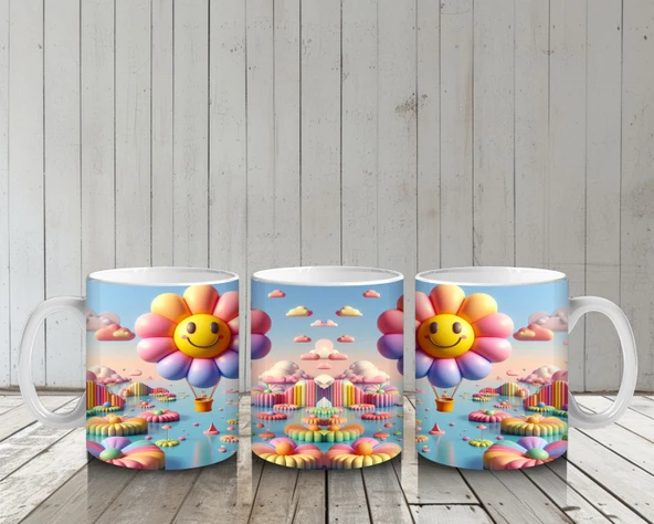 Çocuklara Sütü Sevdiren Gülümseyen Çiçek Balonlar ve Renkli Bulutlar Desenli Kupa Bardak - 6