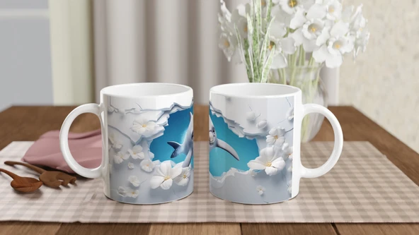 Neşeli Yunus ve Beyaz Çiçekler Su Altı Temalı Kupa Bardak - Resim 5