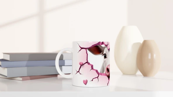 Gülümseyen İnek ve Kalpli Çatlak Duvar Temalı Baskılı Kupa Bardak - Resim 6