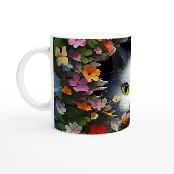 Renkli Çiçeklerle Çevrili Meraklı Kedi Baskılı Kupa Bardak - Resim 2