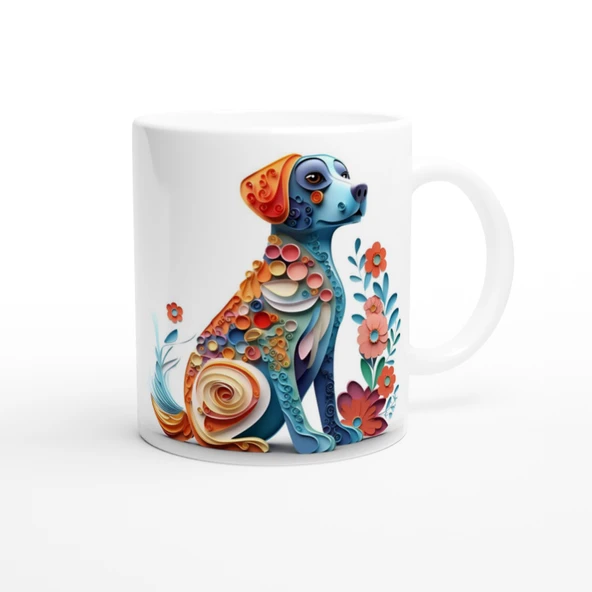 Renkli Çiçekli Zarif Köpek Tasarımlı Sanatsal Kupa Bardak - 3