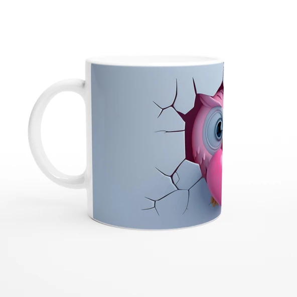 Pembe Kalp Tutan Baykuş Temalı Baskılı Kupa Bardak - Resim 2