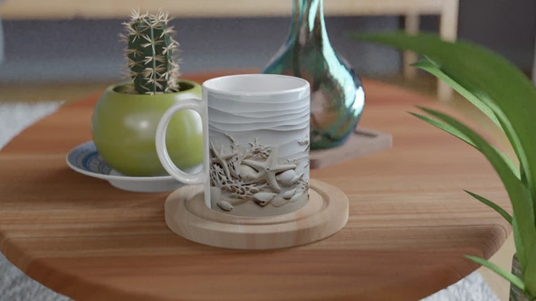 Mercan Dalgaları ve Beyaz Kabuklu Su Altı Temalı Kupa Bardak - 4