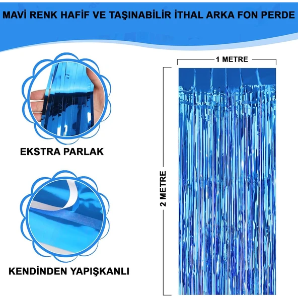 Mavi Renk Ekstra Metalize Parlak Saçaklı Arka Fon Perde İthal A Kalite 1x2 Metre - 1