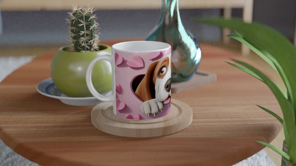 Kalpli Pembe Duvardan Bakan Basset Hound Temalı Baskılı Kupa Bardak - Resim 4