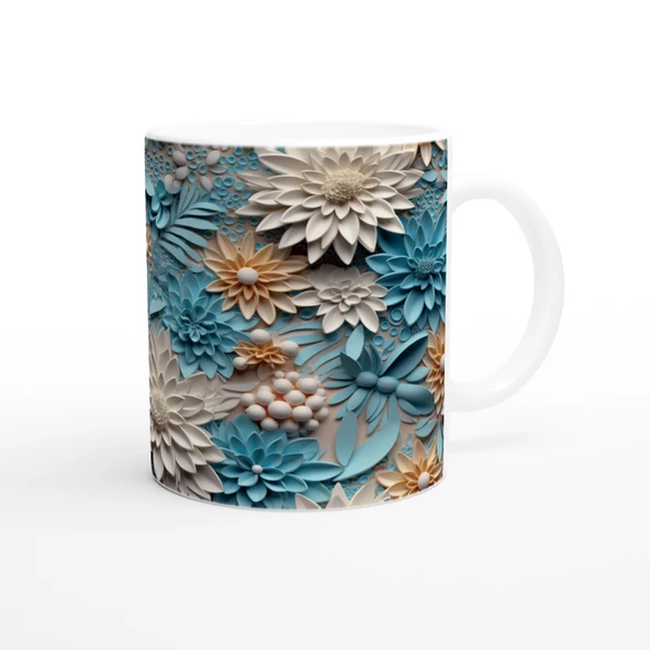 Pastel Mavi ve Krem Tonlu Çiçek Desenli Kupa Bardak - Resim 3