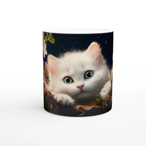 Gece Bahçesinde Parlayan Gözlü Beyaz Kedi Baskılı Kupa Bardak ürün görseli 1