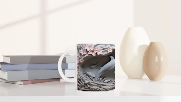 Mercan Çiçekleri Arasında Yüzen Yunus Temalı Kupa Bardak - Resim 6