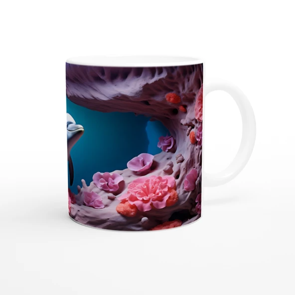 Mercanlar Arasında Yüzen Yunus Su Altı Temalı Kupa Bardak - Resim 3