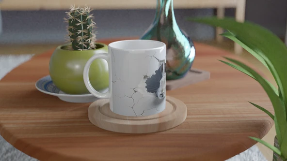 Duvarın Ardından Merakla Bakan Tavşan Temalı Baskılı Kupa Bardak - Resim 4