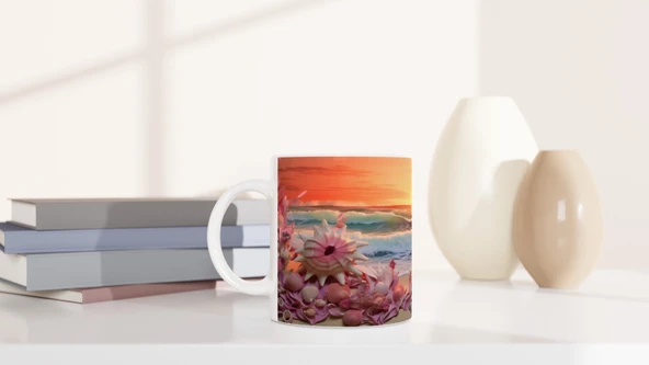 Mercan Dalgalarıyla Deniz Kabukları Kupa Bardak - Resim 6