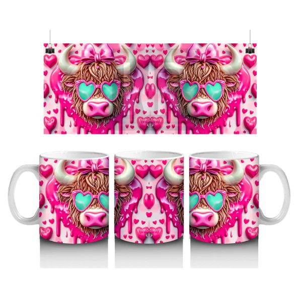 Çocuklara Sütü Sevdiren Kalpli Gözlüklü Pembe Fiyonklu İnek Desenli Kupa Bardak