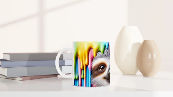 Renkli Damlalar Arasında Gülümseyen Tembel Hayvan Temalı Baskılı Kupa Bardak-2 - Resim 6