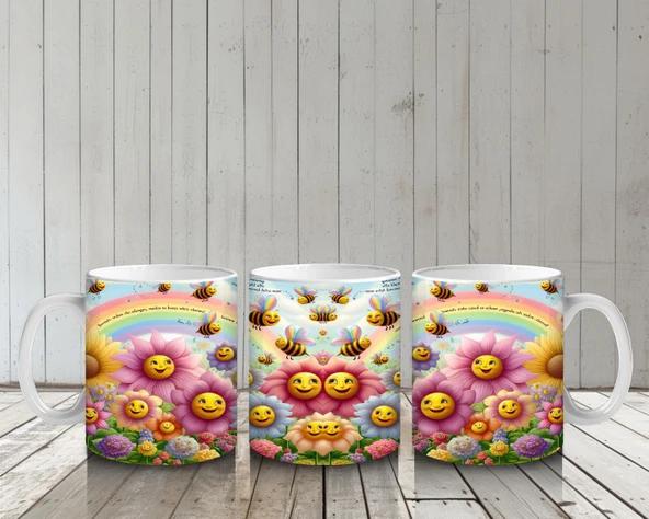 Çocuklara Sütü Sevdiren Gökkuşağı Altında Gülümseyen Çiçekler ve Uçuşan Arılar Desenli Kupa Bardak - Resim 6