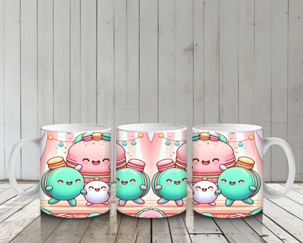 Çocuklara Sütü Sevdiren Neşeli Macaron Ailesi Desenli Kupa Bardak - 6