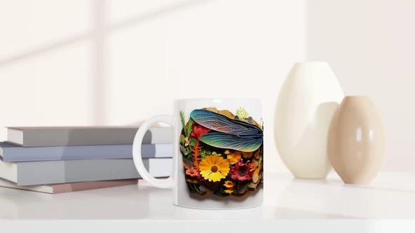 Renkli Çiçekler Arasında Yusufçuk Temalı Baskılı Kupa Bardak - 6