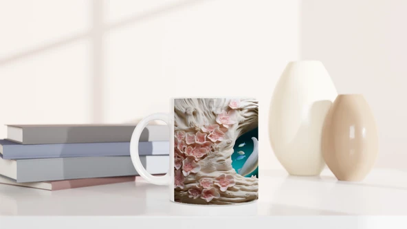 Mercan Çiçekleri Arasında Yüzen Sevimli Yunus Temalı Kupa Bardak - Resim 6