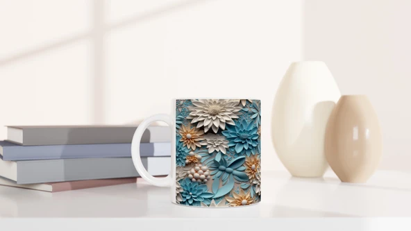 Pastel Mavi ve Krem Tonlu Çiçek Desenli Kupa Bardak - Resim 6