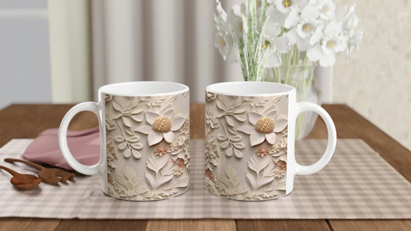 Pudra Detaylı Zarif Kabartmalı Çiçek Kupa Bardak - Resim 5