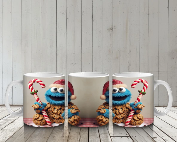 Çocuklara Sütü Sevdiren Kurabiye Canavarı ve Baston Şeker Desenli Kupa Bardak - 6