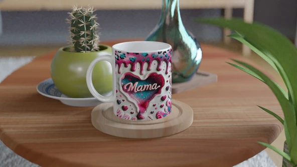 Mama Yazılı Sanatsal Desenli Kalpli Anneler Günü Kupa Bardak - Resim 4