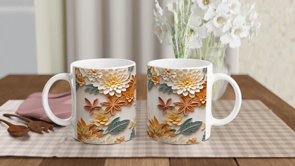 Pastel Bahar Çiçekleri Rölyef Desenli Kupa Bardak - 5