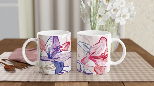 Pembe Lale Çizimli Kupa Bardak - 5