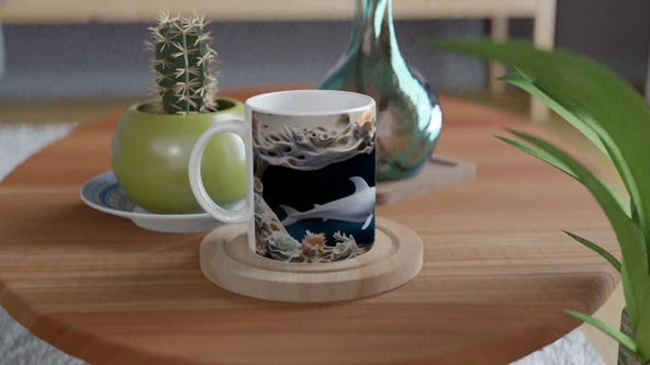 Mercan Kayalıklarında Dans Eden Yunuslar Temalı Kupa Bardak - Resim 4