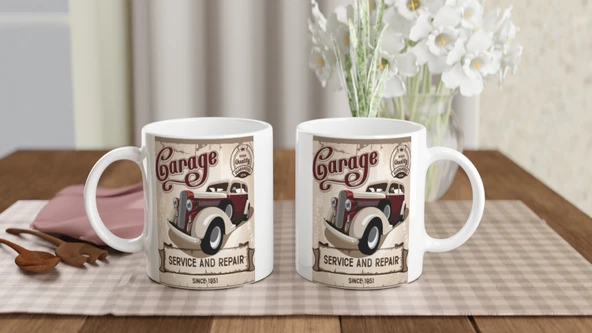 Retro Garage Servis Aracı Baskılı Kupa Bardak - Resim 5