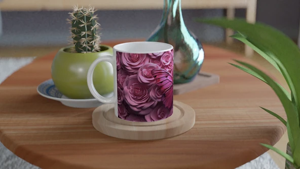 Güller Arasında Pembe Kelebek Temalı Baskılı Kupa Bardak - 4