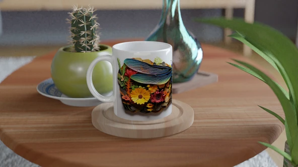 Renkli Çiçekler Arasında Yusufçuk Temalı Baskılı Kupa Bardak - 4