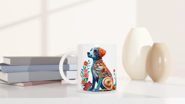 Renkli Çiçekli Zarif Köpek Tasarımlı Sanatsal Kupa Bardak - 6