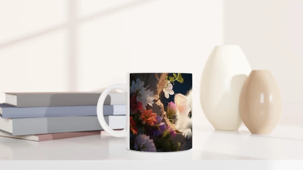 Gece Bahçesinde Parlayan Gözlü Beyaz Kedi Baskılı Kupa Bardak - Resim 6