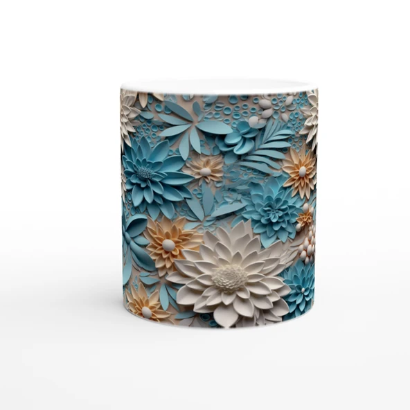 Pastel Mavi ve Krem Tonlu Çiçek Desenli Kupa Bardak - Resim 2