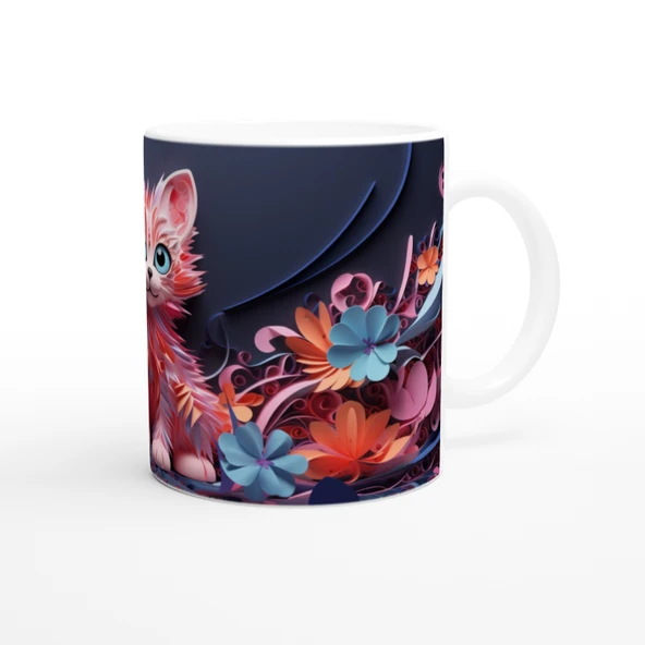 Renkli Çiçekler Arasında Neşeli Kedi ve Kelebekler Baskılı Kupa Bardak - Resim 3