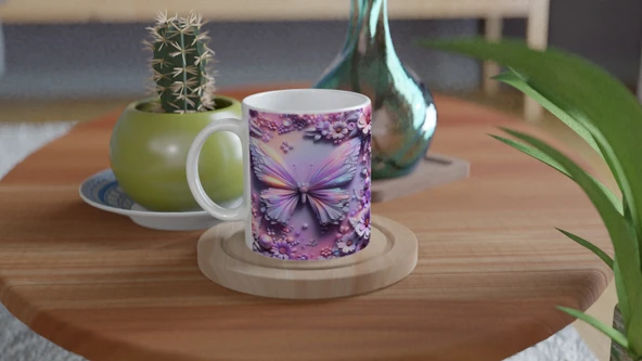 Renkli Kelebekler ve Çiçekler Temalı Baskılı Kupa Bardak - Resim 4