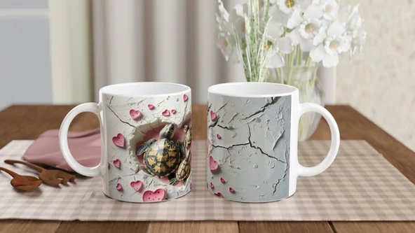 Pembe Kalpler Arasında Yürüyen Kaplumbağa Ailesi Temalı Baskılı Kupa Bardak - Resim 5