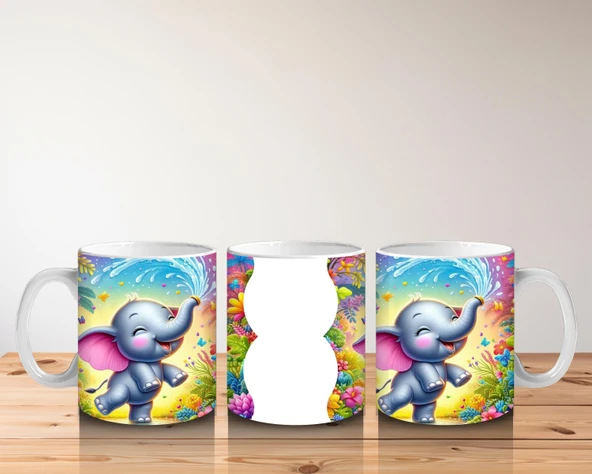 Çocuklara Sütü Sevdiren Çiçekler Arasında Su Sıçratan Neşeli Fil Desenli Kupa Bardak - 5