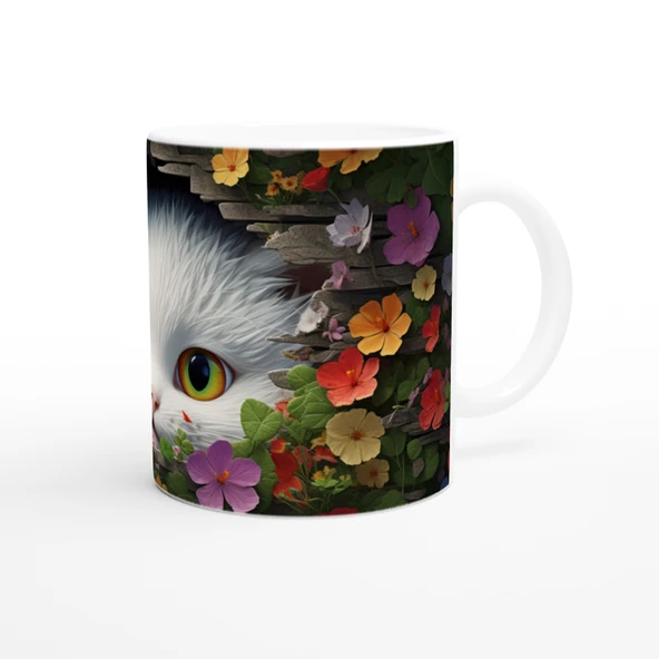 Renkli Çiçeklerle Çevrili Meraklı Kedi Baskılı Kupa Bardak - Resim 3