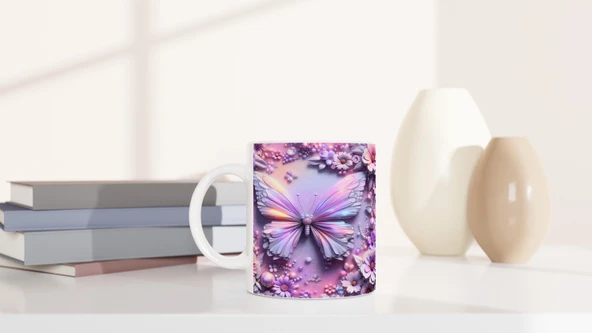 Renkli Kelebekler ve Çiçekler Temalı Baskılı Kupa Bardak - Resim 6