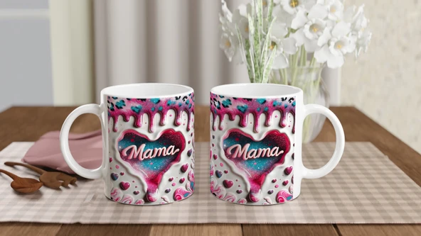 Mama Yazılı Sanatsal Desenli Kalpli Anneler Günü Kupa Bardak - Resim 5