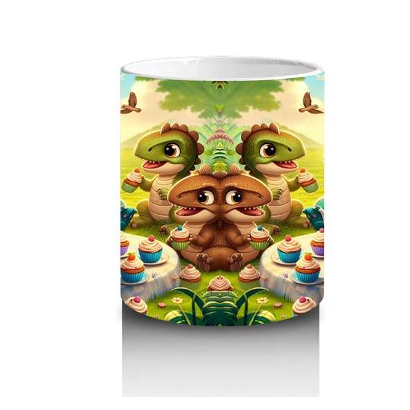 Çocuklara Sütü Sevdiren Cupcake Partisi Yapan Sevimli Dinozorlar Desenli Kupa Bardak - 3