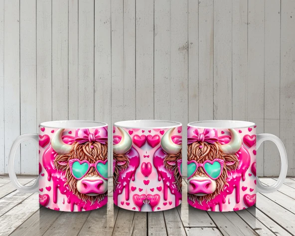 Çocuklara Sütü Sevdiren Kalpli Gözlüklü Pembe Fiyonklu İnek Desenli Kupa Bardak - 6